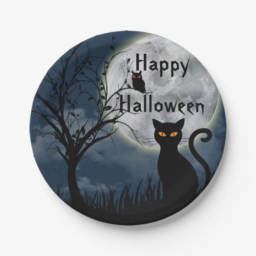 Cute Black Cat Owl Moon Graphic Halloween Paper Plates