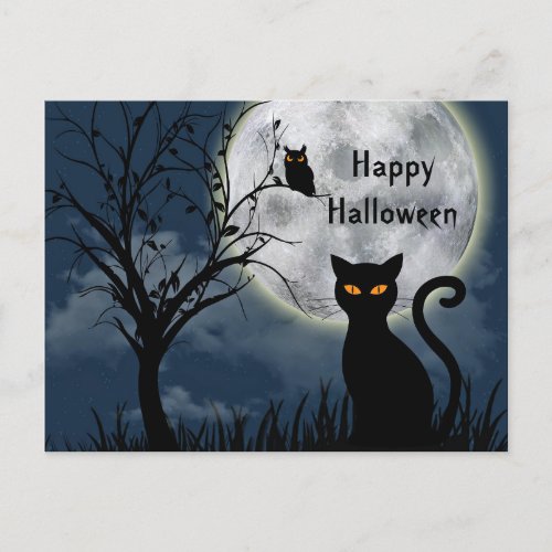 Cute Black Cat Owl Moon Graphic Halloween Postcard