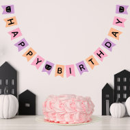 Cute Black Cat Pastel Halloween Happy Birthday Bunting Flags