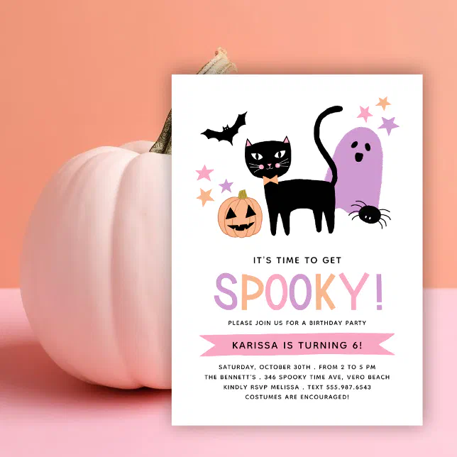 Cute Black Cat Pastel Halloween Spooky Birthday Invitation | Zazzle