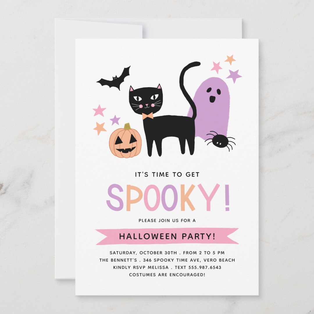 Cute Black Cat Pastel Halloween Spooky Party Invitation | Zazzle