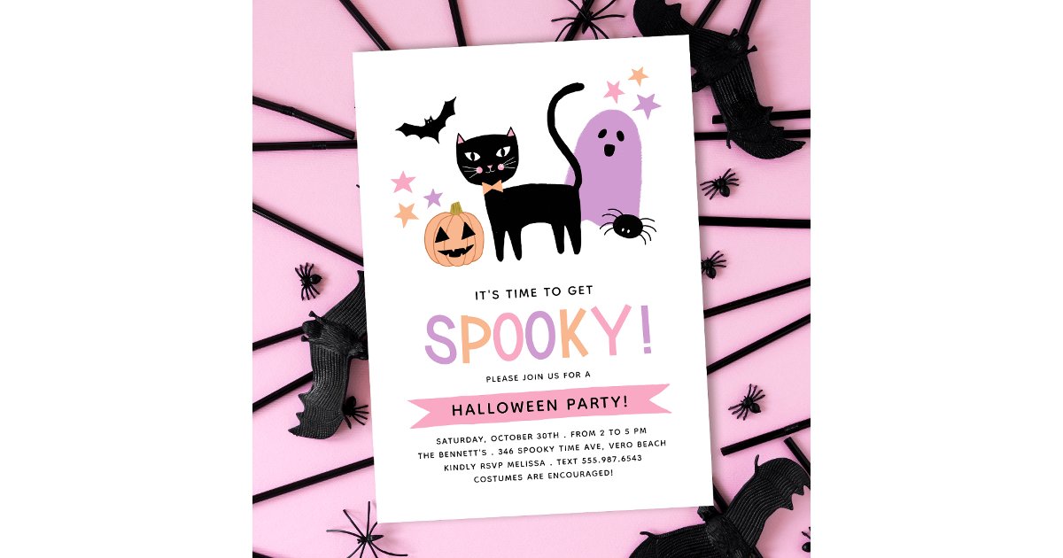 Cute Black Cat Pastel Halloween Spooky Party Invitation | Zazzle