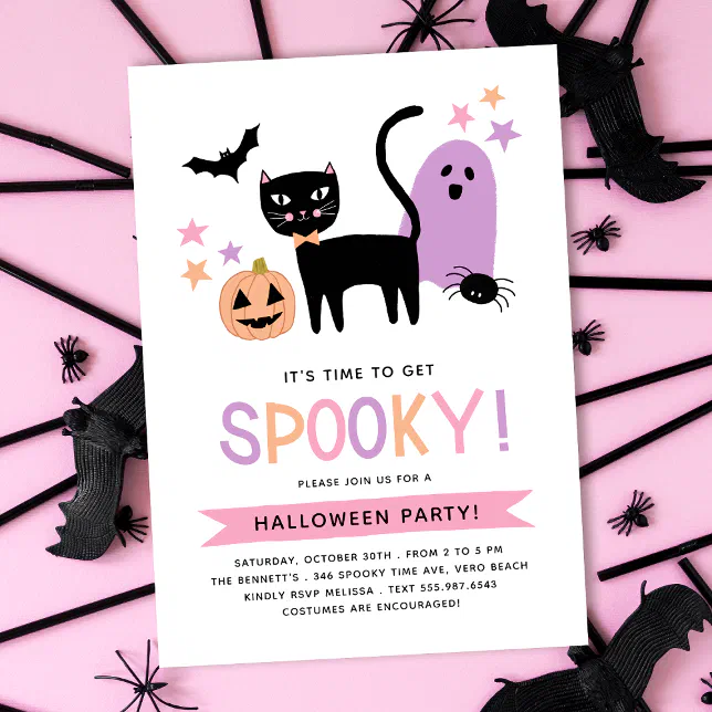 Cute Black Cat Pastel Halloween Spooky Party Invitation | Zazzle