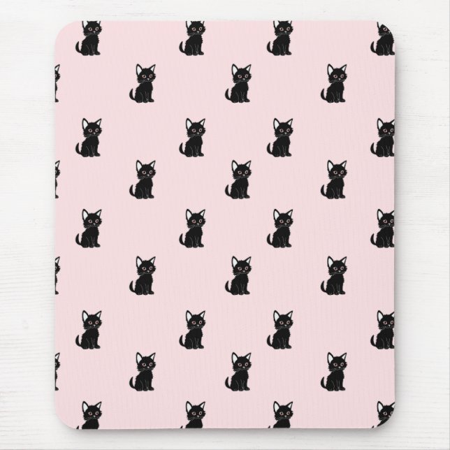 Cute Black Cat Pattern on Pastel Pink Mouse Pad (Front)