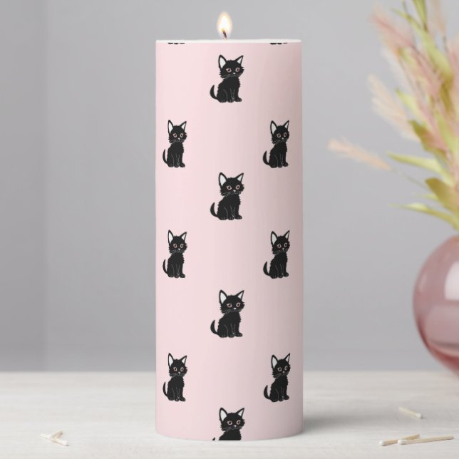 Cute Black Cat Pattern on Pastel Pink Pillar Candle (In Situ)