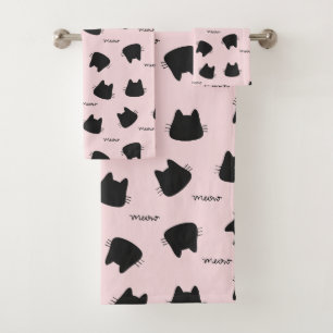 Cute Black Cat Pattern Pink Meow Kitty Bath Towel Set
