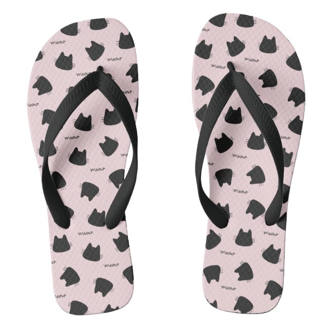 Cute Black Cat Pattern Pink Meow Kitty Flip Flops (Footbed)