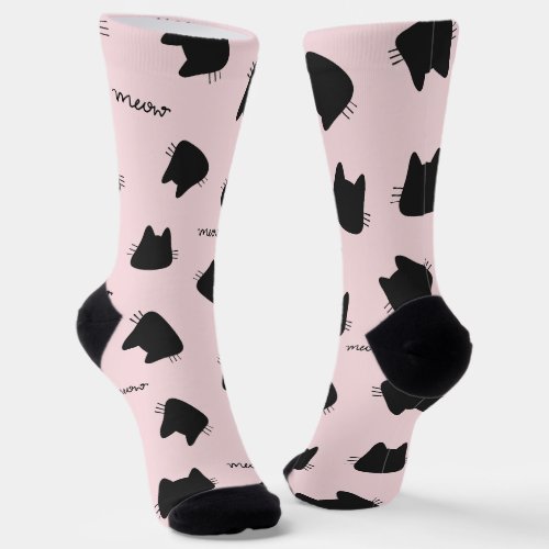 Cute Black Cat Pattern Pink Meow Kitty Socks