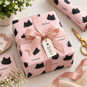 Cute Black Cat Pattern Pink Meow Kitty Wrapping Paper Sheets