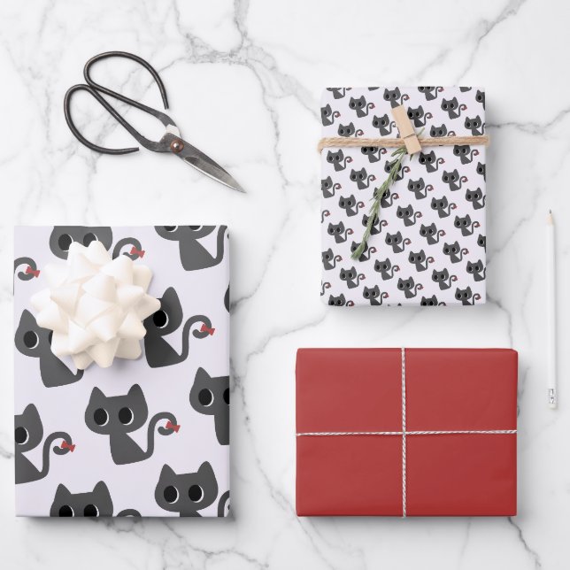 Cute Black Cat Pattern Whimsical Set Of Wrapping Paper Sheets (Front)