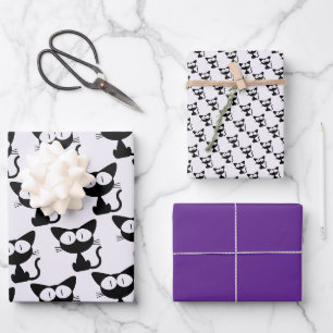 Cute Black Cat Pattern Whimsical Set Of Wrapping Paper Sheets