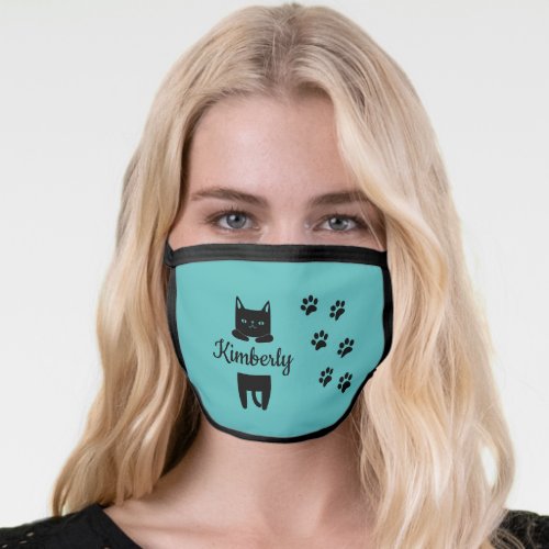 Cute black cat  paw prints with name turquoise face mask