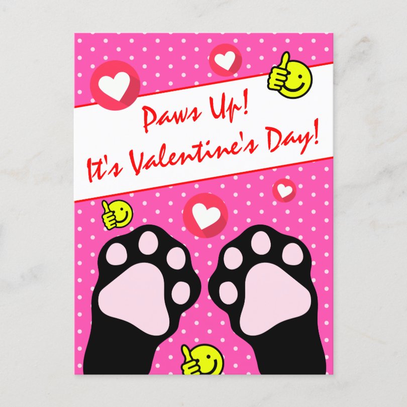 Cute Black Cat Paws Up Its Valentines Day Holiday Postcard