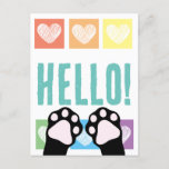 Cute Black Cat Paws Up Rainbow Hearts Hello Postcard
