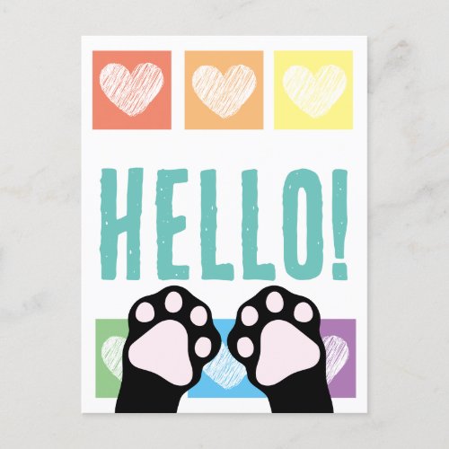 Cute Black Cat Paws Up Rainbow Hearts Hello Postcard
