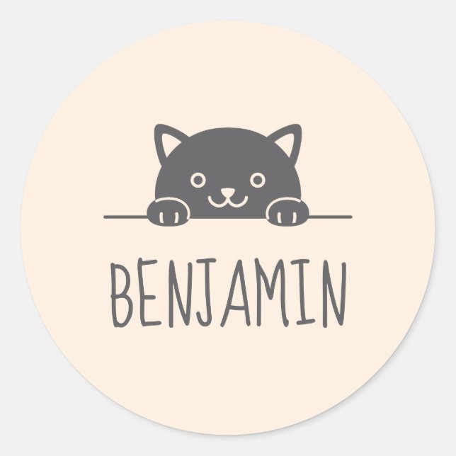 Cute Black Cat Peeking above Custom Name 2 Classic Round Sticker (Front)