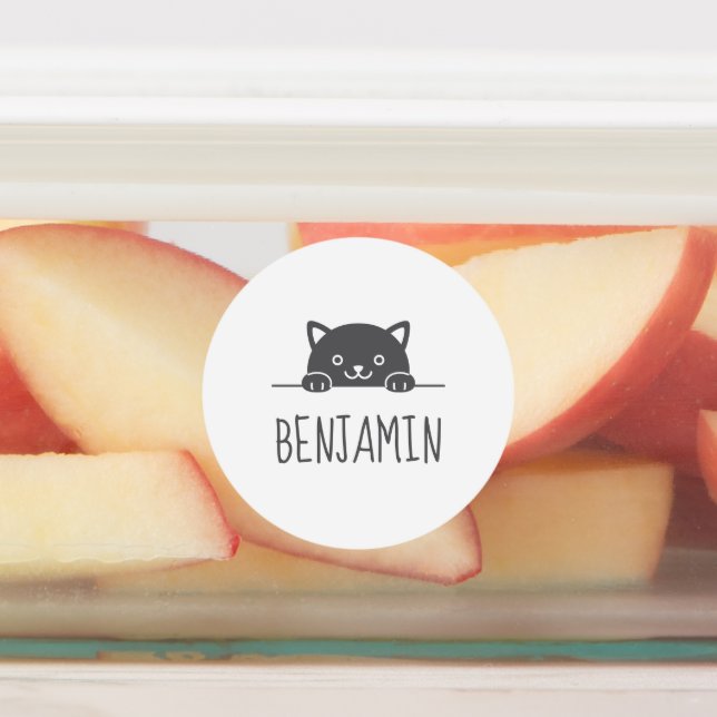 Cute Black Cat Peeking above Custom Name 2 Kids' Labels (Affixed)