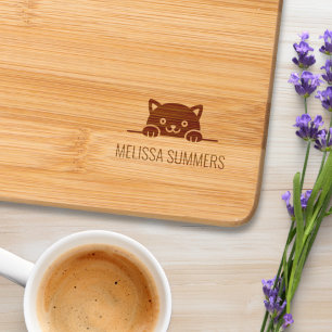 Cute Black Cat Peeking above Custom Name Engraved Cutting Board
