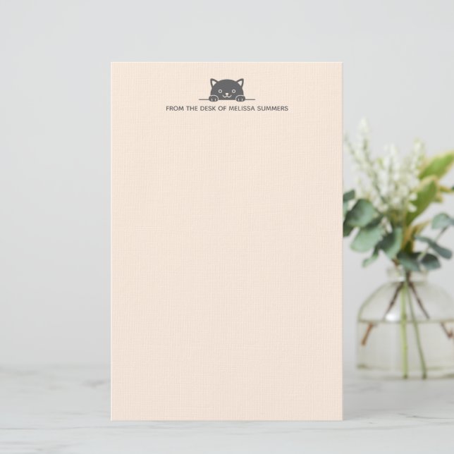 Cute Black Cat Peeking above Custom Text Beige Stationery (Standing Front)