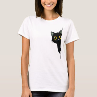 Cute Black Cat Peeking Around the Corner | Funny T-Shirt