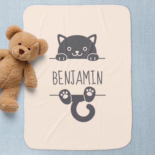 Cute Black Cat Peeking behind Custom Name Baby Blanket