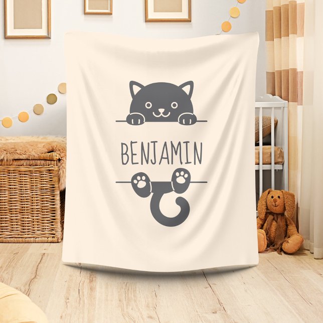 Cute Black Cat Peeking behind Custom Name Beige Fleece Blanket (Creator Uploaded)