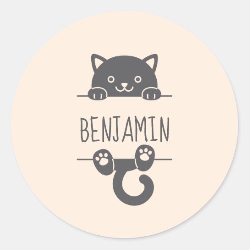 Cute Black Cat Peeking behind Custom Name Classic Round Sticker
