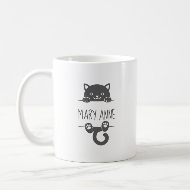 Cute Black Cat Peeking behind Custom Name Coffee Mug (Left)