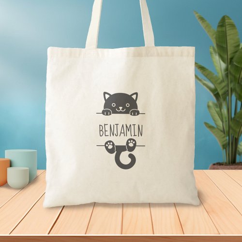 Cute Black Cat Peeking behind Custom Name Tote Bag