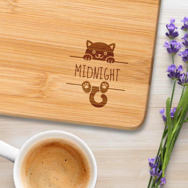 Cute Black Cat Peeking Custom Name Engraved Cutting Board (Creator Uploaded)