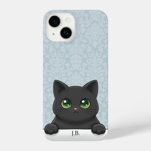 Cute Black Cat Peeking Kawaii Cartoon Blue Damask iPhone Case (Back)