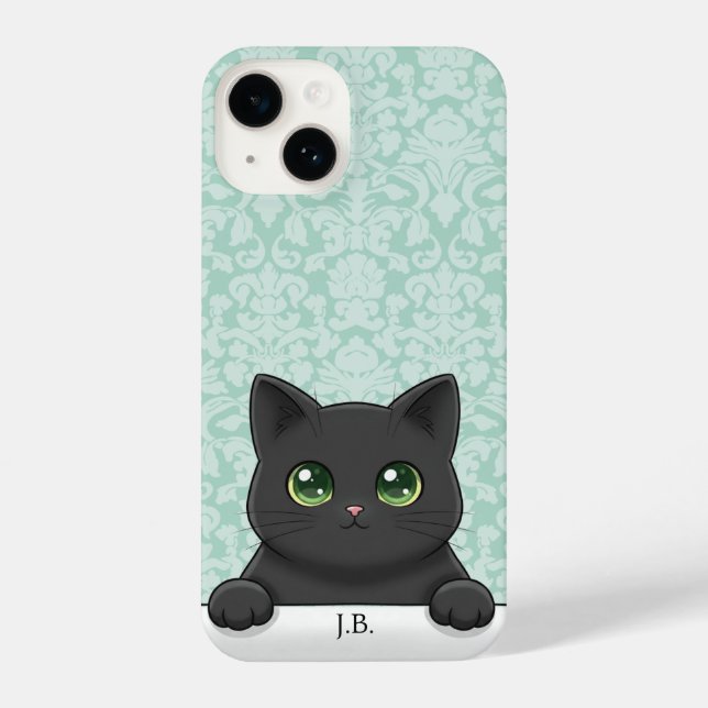 Cute Black Cat Peeking Kawaii Cartoon Mint Damask iPhone Case (Back)