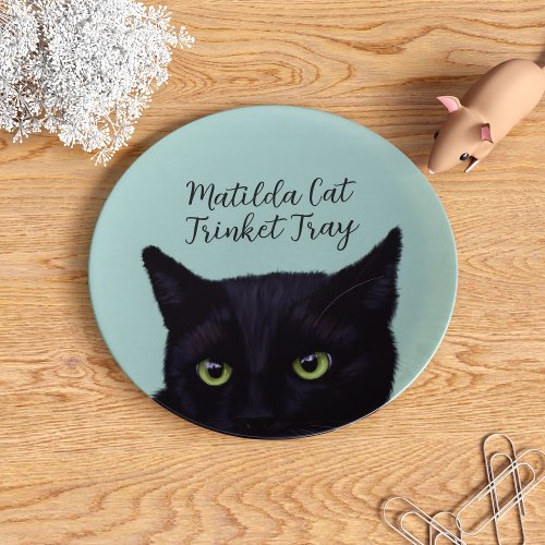 Cute Black Cat Peeking Kitty Name Trinket Tray