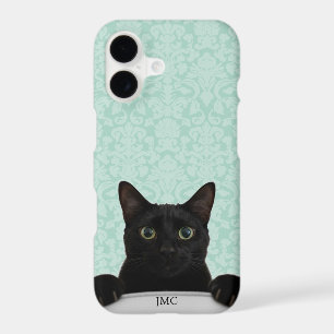 Cute Black Cat Peeking Mint Damask iPhone 17 Case