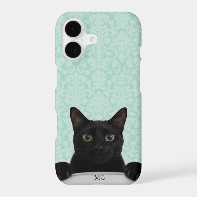 Cute Black Cat Peeking Mint Damask Iphone Case (Back)