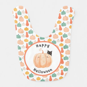 Cute Black Cat Peeking Over a Pumpkin Halloween Baby Bib