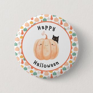 Cute Black Cat Peeking Over a Pumpkin Halloween