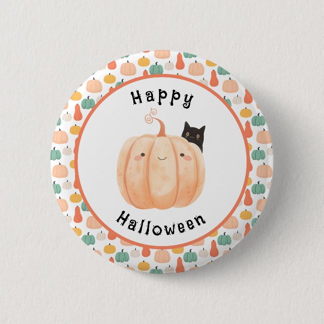 Cute Black Cat Peeking Over a Pumpkin Halloween Button (Front)