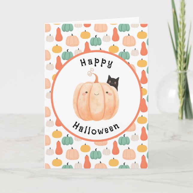 Cute Black Cat Peeking Over a Pumpkin Halloween Card (Front)