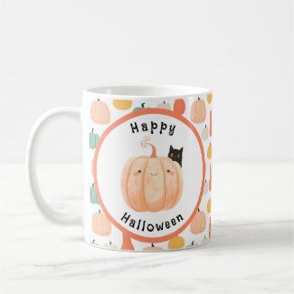 Cute Black Cat Peeking Over a Pumpkin Halloween