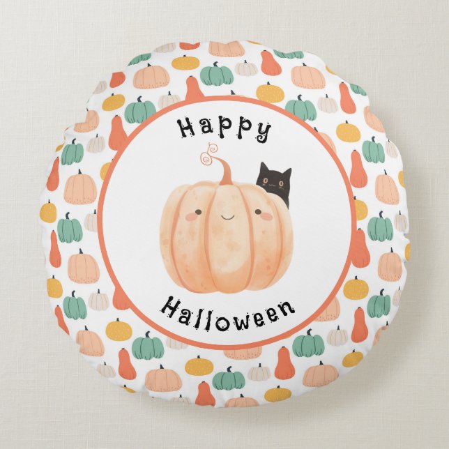 Cute Black Cat Peeking Over a Pumpkin Halloween Round Pillow (Front)