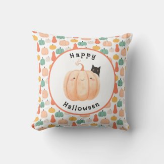 Cute Black Cat Peeking Over a Pumpkin Halloween