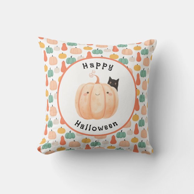 Cute Black Cat Peeking Over a Pumpkin Halloween Throw Pillow (Front)