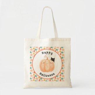 Cute Black Cat Peeking Over a Pumpkin Halloween