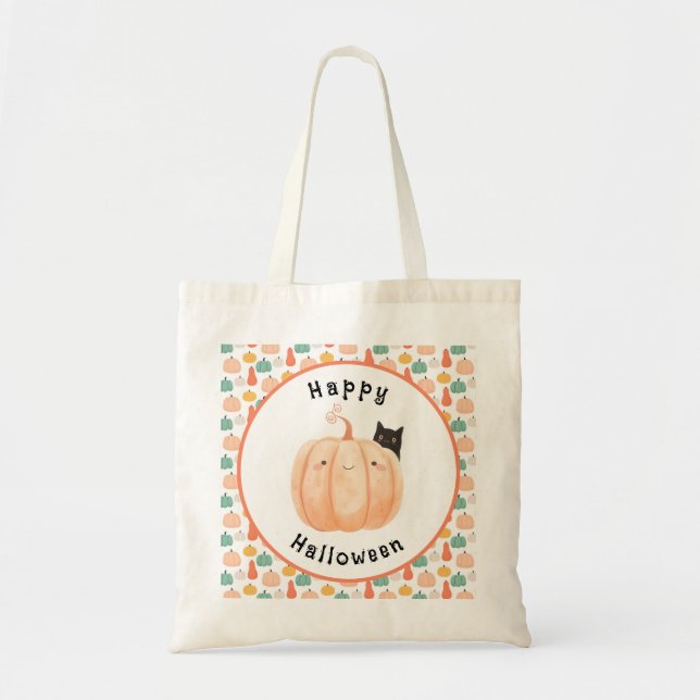 Cute Black Cat Peeking Over a Pumpkin Halloween Tote Bag (Front)