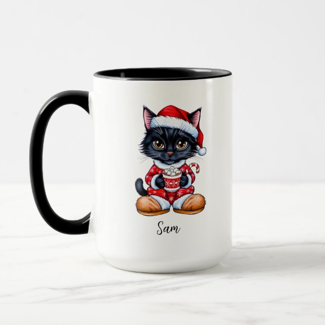 Cute Black Cat personalized Christmas Mug (Left)