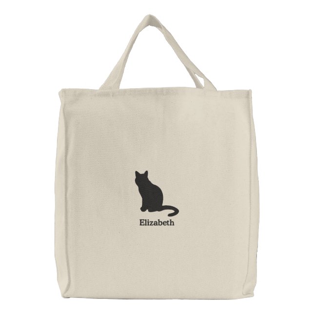 Cute Black Cat Personalized Embroidered Tote Bag (Front)