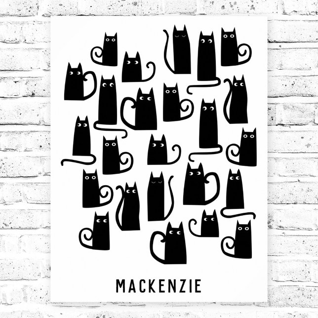 Cute Black Cat Personalized Poster (Fun personalized black cat custom name poster)