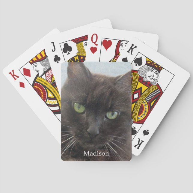 Cute Black Cat Photo Personalized Name  Poker Cards (Back)