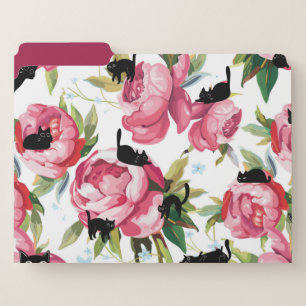 Cute Black Cat Pink Floral File Folders